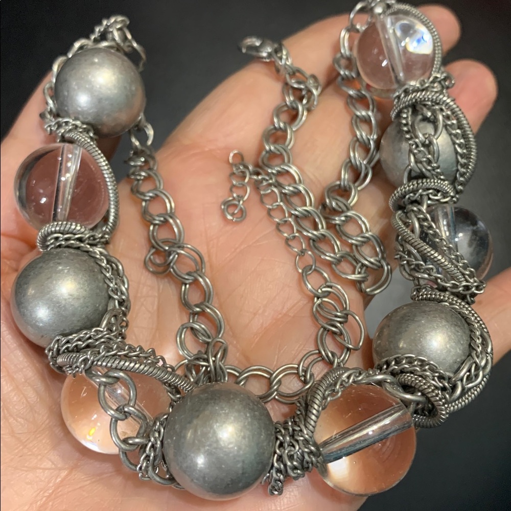 Vintage Chunky Wire Wrapped Silver & Clear Glass Orb Statement Necklace #312